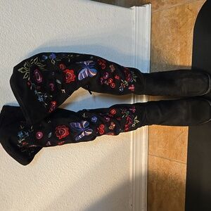 Floral Zip Up Knee High Boots